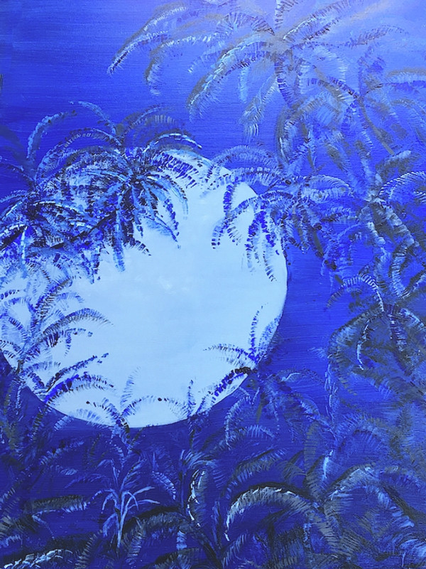 "Hawaii Blue Moon", is the original painting done in blue hues, whites and grays.