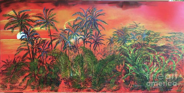 "E ola i ka 'aino o Kilauea" painting rendering depicts the flow of lava as it destroys the rainforest paradise of Puna along the beaches of Hawaii.