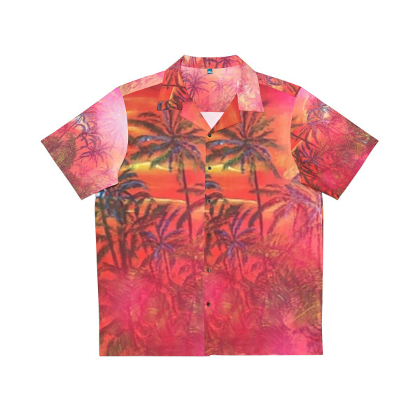 "Purple Glow" Hawaiian shirt depicts the flow of lava as it destroys the rainforest paradise of Puna along the beaches of Hawaii. Design taken from oil painting Purple Glow.

Mikala* aloha shirts are a fashion wearable art a must have, a island vibe cool dude in that Hawaiian shirt.