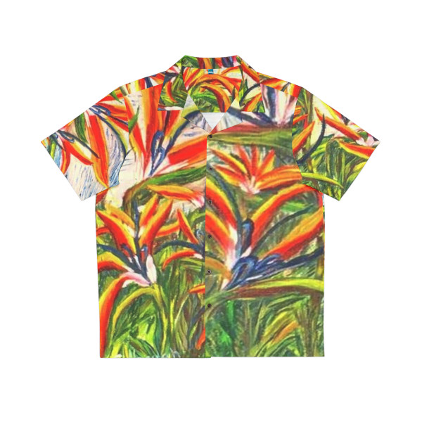 Hawaiian shirt Bird of Paradise, now you can wear this iconic garment. Bird of Paradise image showcases a short-sleeved shirt featuring a vibrant, tropical botanical print. The print is a lush pattern of green leaves and brightly colored flowers, predominantly in hues of red, yellow, and orange, reminiscent of birds of paradise or similar exotic flora