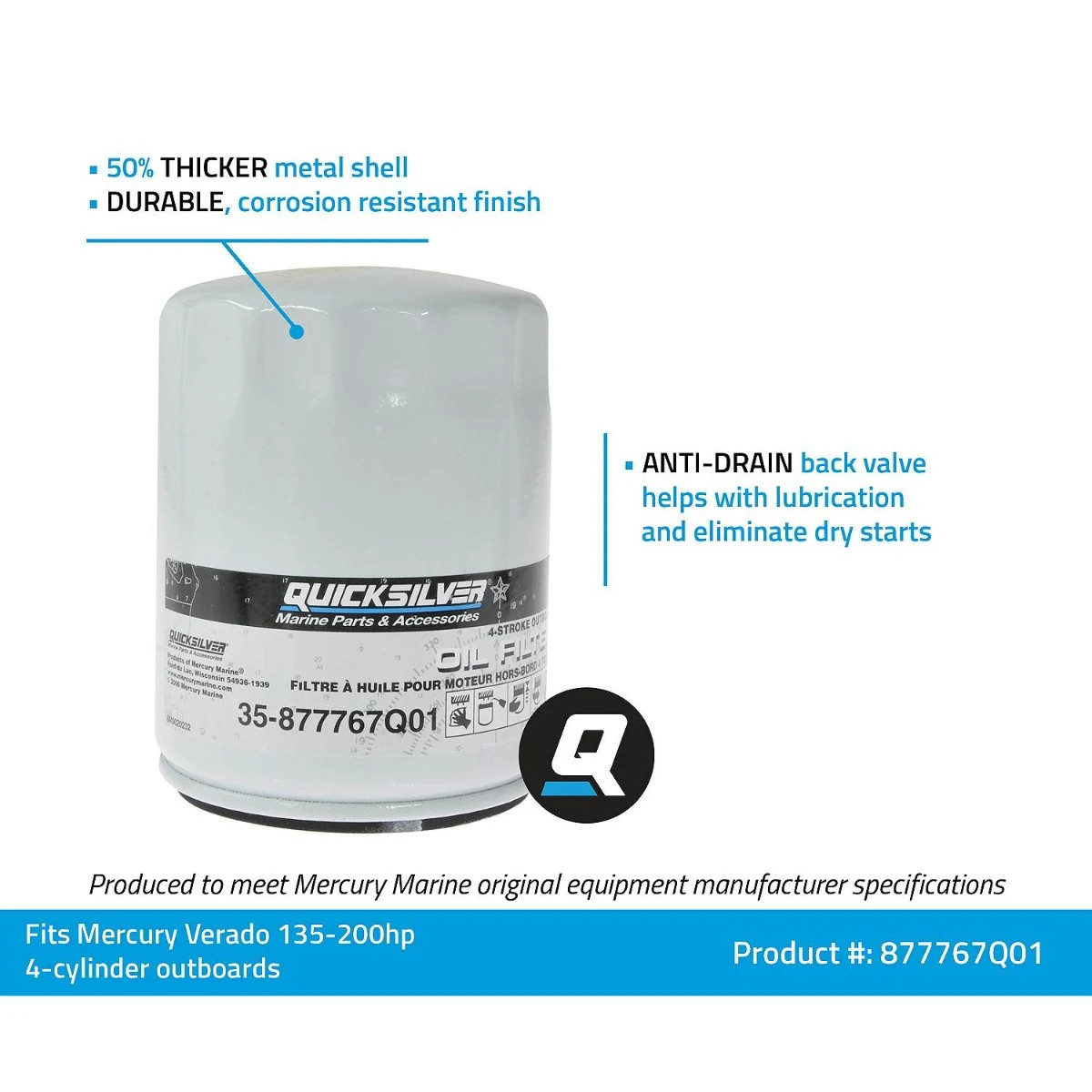 Quicksilver Oil Filter for Mercury 135-200HP 4 Cylinder 877767Q01