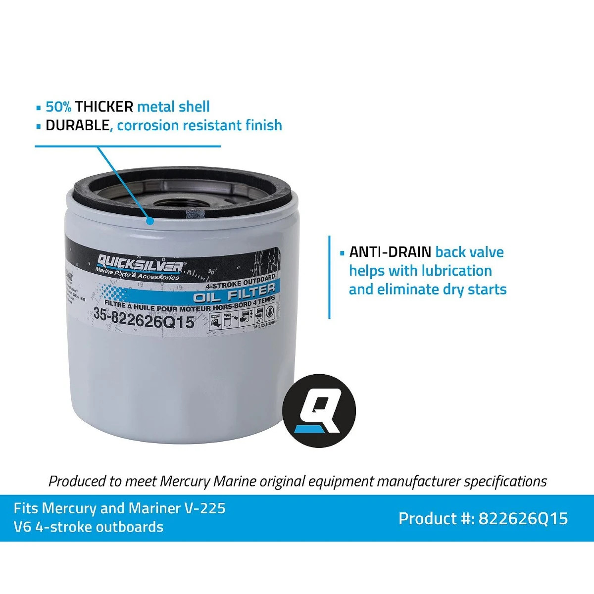 Quicksilver Oil Filter for Mercury 225HP V6 822626Q15