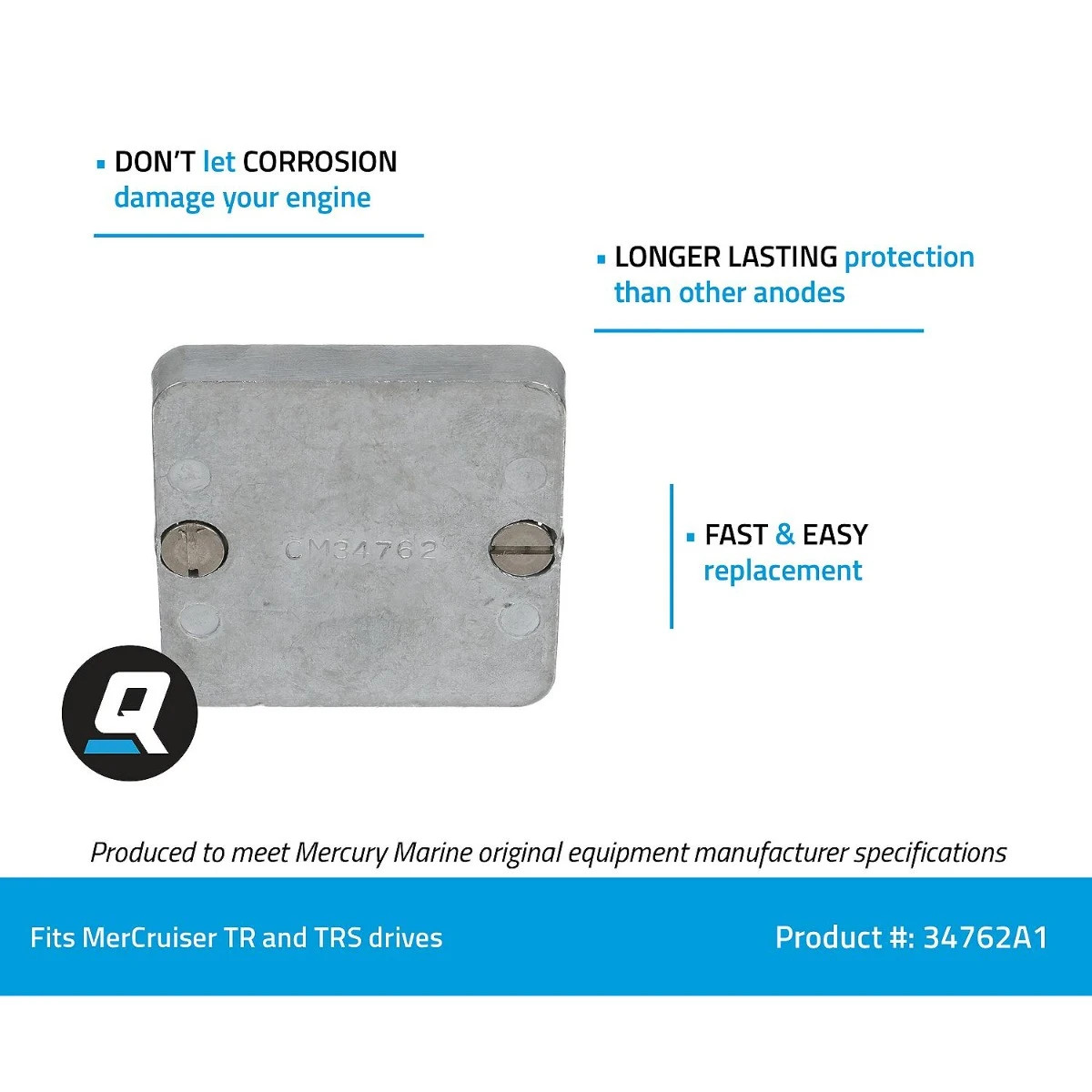 Quicksilver Zinc Anode Plate for MerCruiser, TR and TRS Drives 34762A1