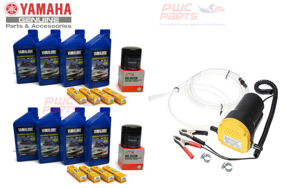 YAMAHA 25' Boat OEM Oil Change Kit w/NGK Spark Plug Set- Jet Boat 4W Yamalube w/ 69J-13440-03-00 Filters for 2021+ AR250 SX250 252S 252SE 252SD 252 FSH SPORT 252XE w/12V Oil Extractor Pump