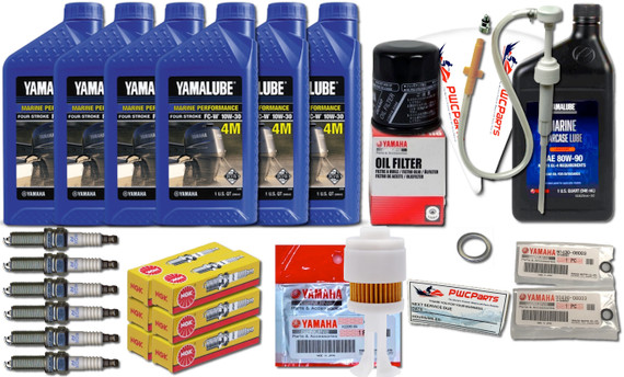 YAMAHA OEM 2002-2005 F225 F225TXR 3.3L V6 Outboard Oil Change 10W30 FC 4M Lower Unit Gear Lube Drain Fill Gaskets NGK Spark Plugs LFR5A-11 Fuel Filter Maintenance Kit