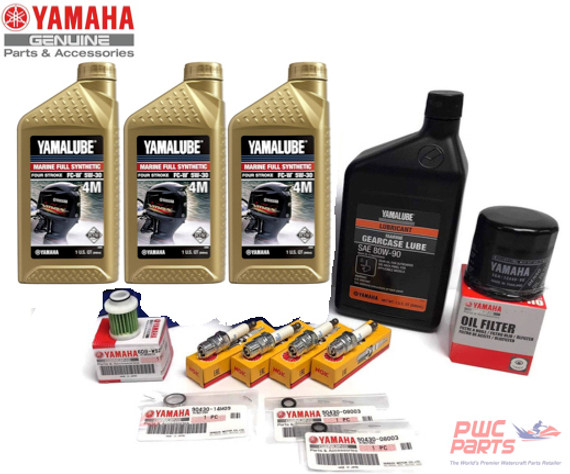 YAMAHA OEM 2006+ F50 T50 F60 T60 Outboard Oil Change 5W30 FULL SYNTHETIC FC 4M Lower Unit Gear Lube Drain Fill Gaskets Fuel Filter Spark Plugs NGK DPR6EB-9 Maintenance Kit