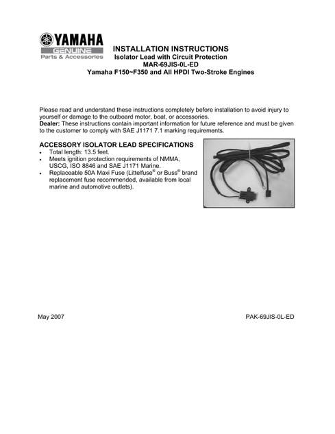 YAMAHA OEM Accessory Installation Instructions - Isolator - F150 - 3.3L F250 - MAR-69JIS-OL-ED