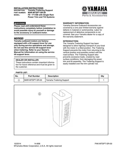 YAMAHA OEM Accessory Installation Instructions - Yamaha Trailering Support F8-F115B Single Ram PTT Systems - MAR-MTSPT-SR-00