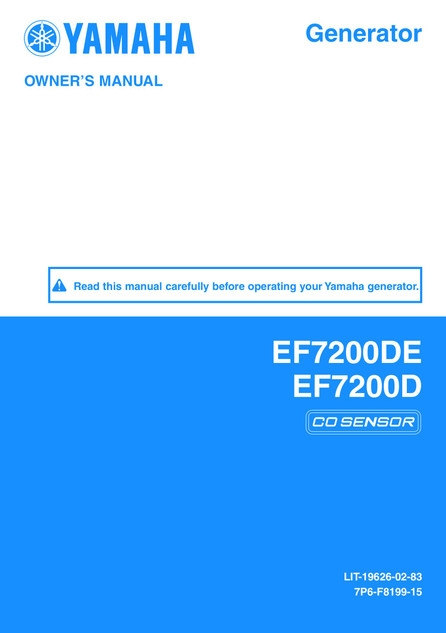 YAMAHA OEM Owner's Manual - EF72DZ / EF72DEZ1 - LIT-19626-02-83 CO Sensor Models EF72DZ, EF72DEZ1