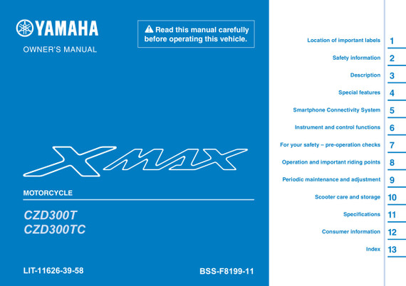 YAMAHA OEM Owner's Manual - 2026 XMAX - LIT-11626-39-58 Models CZD300TB, CZD300TCB