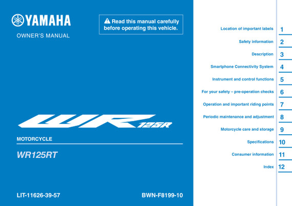 YAMAHA OEM Owner's Manual - 2026 WR125R - LIT-11626-39-57 Models WR125RTL, WR125RTB