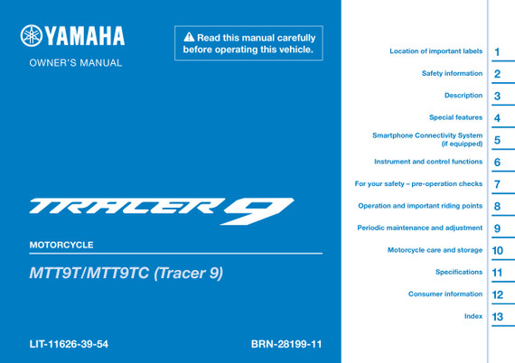 YAMAHA OEM Owner's Manual - 2026 TRACER 9 - LIT-11626-39-54 Models MTT9TB, MTT9TCB