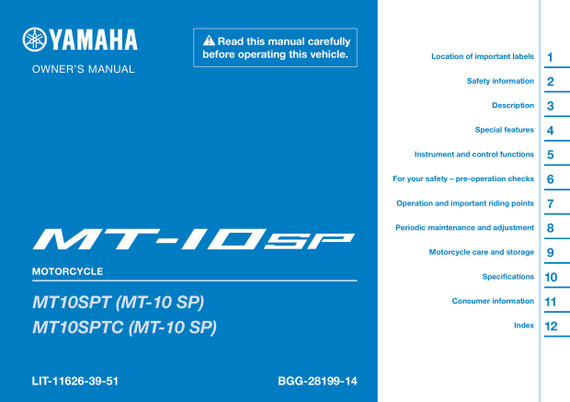 YAMAHA OEM Owner's Manual - 2026 MT-10 SP - LIT-11626-39-51 Models MT10SPTS, MT10SPTCS