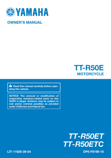 YAMAHA OEM Owner's Manual - 2026 TT-R50E - LIT-11626-39-04 Models TTR50ET, TTR50ETC