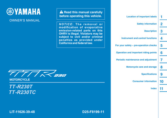 YAMAHA OEM Owner's Manual - 2026 TT-R230 - LIT-11626-39-48 Models TTR230T1C, TTR230T1