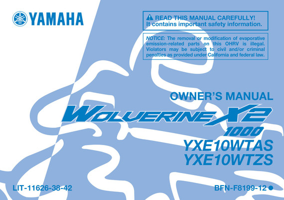 YAMAHA OEM Owner's Manual - 2025 WOLVERINE X2 1000 - LIT-11626-38-42 Models YXE10WTASD, YXE10WTZSB