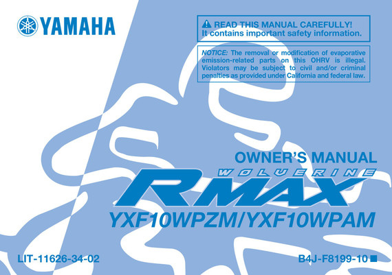 YAMAHA OEM Owner's Manual - 2021 WOLVERINE RMAX4 1000 - LIT-11626-34-02 Models YXF10WPAMS, YXF10WPHMH, YXF10WPZMG