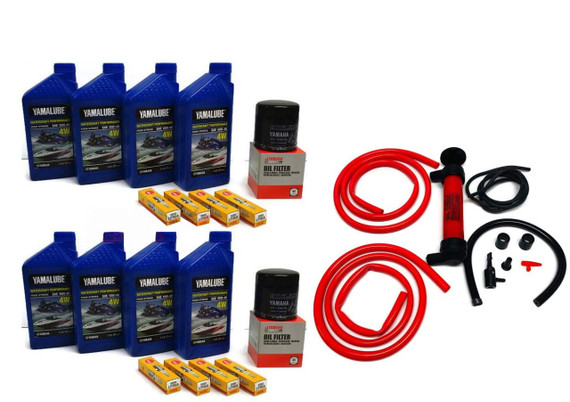 YAMAHA 24' Boat OEM Oil Change Kit w/NGK Spark Plug Set- Jet Boat 4W Yamalube w/ 69J-13440-03-00 Filters for 2010+ AR240 SX240 HO/ 242 LIMITED/S/E-SERIES/ 242X/ 212SS w/Deluxe Oil Extractor Pump