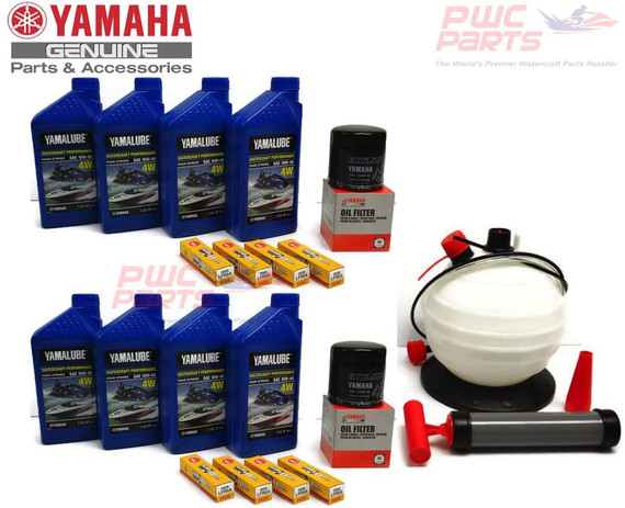 YAMAHA 24' Boat OEM Oil Change Kit w/NGK Spark Plug Set- Jet Boat 4W Yamalube w/ 69J-13440-03-00 Filters for 2010+ AR240 SX240 HO/ 242 LIMITED/S/E-SERIES/ 242X/ 212SS/ 212X w/Oil Extractor Pump