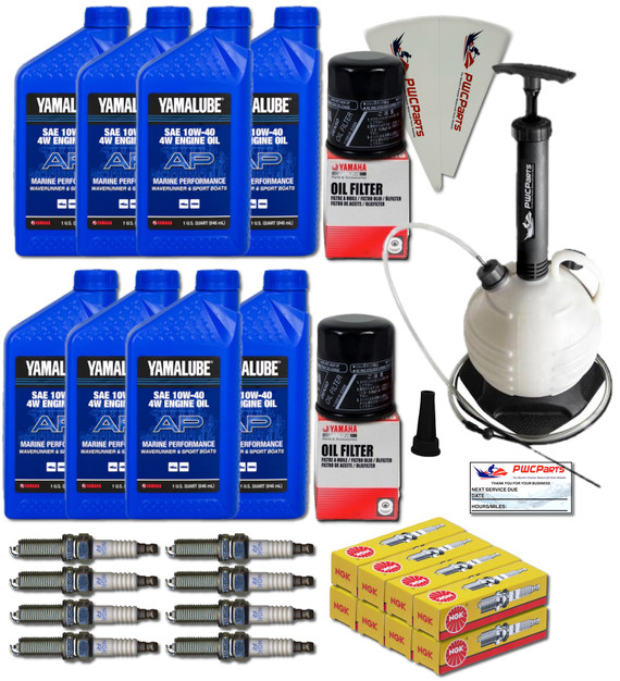 YAMAHA 24' Boat OEM Oil Change Kit w/NGK Spark Plug Set- Jet Boat 4W Yamalube w/ 69J-13440-03-00 Filters for 2010+ AR240 SX240 HO/ 242 LIMITED/S/E-SERIES/ 242X/ 212SS/ 212X w/Oil Extractor Pump