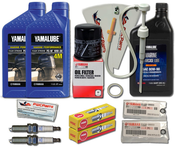 YAMAHA 2009+ F25A T25A Oil Change 10W30 FC 4M Lower Unit Gearcase Gear Lube Drain Fill Gaskets Spark Plugs NGK DPR6EA-9 Filter 5GH-13440-60-00 Maintenance Kit