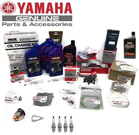 YAMAHA 2014+"New" F115 4-Cylinder Oil Change Kit 10W30 4M Primary Fuel Filter Lower Unit Gear Lube Water Pump Rebuild Power Trim Fluid Anode Spark Plug Thermostat Fuel/Water Separator Maintenance Kit