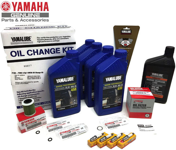 YAMAHA 2006+ F150 F150B Outboard Oil Change 10W30 FC 4M Lower Unit Gear Lube Drain Fill Gaskets NGK Spark Plugs LFR5A-11 Primary Fuel Filter Maintenance Kit