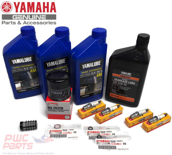 YAMAHA OEM 1995-2004 F50 T50 Oil Change 10W30 FC 4M Lower Unit Gear Lube Drain Fill Gasket Spark Plugs NGK DPR6EA-9 Primary Fuel Filter Maintenance Kit