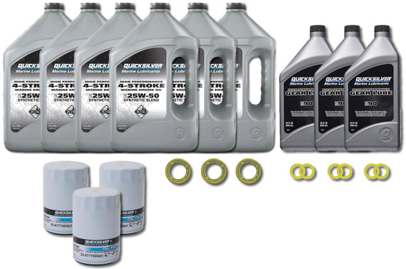 Mercury Verado Quicksilver TrIPLE ENGINE 100 Hour Oil Change & Lower Unit Maintenance Kit Hi-Performance Gear Lube Kit w / Gaskets L6 200/225/250/275/300/350 / 400HP Outboard Models