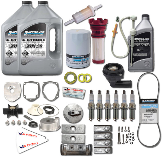 Mercury Verado L6 300-Hour Maintenance & Oil Change Kit – Quicksilver OEM – Fits 200/225/250/275/300/350/400/400R HP (4.8" Torpedo Lower Unit) – 25W-40 Oil – Includes Water Pump, Thermostat, Spark Plugs & More