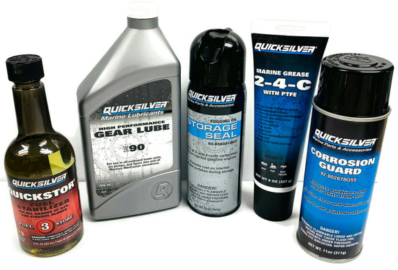 Kit Includes:

1 - Qt QUICKSILVER Hi-Performance Gear Lube 858064Q01

1 - QUICKSILVER Fuel Stabilizer 8M0047922

1 - QUICKSILVER Storage Seal 858081Q03

1 - QUICKSILVER 2-4M-C Marine Grease 8M0071838

1 - QUICKSILVER Corrosion Guard 802878Q55