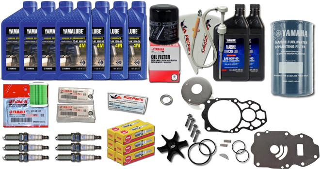 YAMAHA OEM F225 F250 F300 4.2L V6 100-Hour Maintenance Service Oil Change Kit with Water Pump Cooling Rebuild Kit and Fuel Water Separator NGK Spark Plugs LFR6A-11