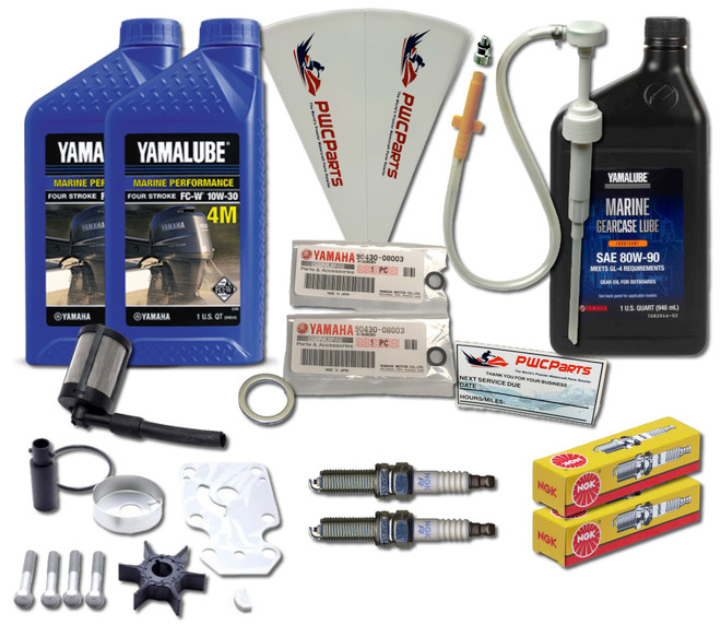 PWC-YM-0042-KT
Includes:

2 - Quart of Yamalube 4M 10W30 Oil - LUB-10W30-FC-12

1 - YAMAHA Engine Drain Gasket 90430-10M11-00

1- Quart of Yamalube SAE90 Gear Lube - ACC-GEARL-UB-QT

2 - YAMAHA Lower Unit Fill/Drain Gaskets 90430-08003-00

2 - NGK Spark Plug for F6 / F8C / T8D - BR6HS-10

1 - OEM Yamaha Water Pump Rebuild Kit 69G-W0078-01-00

1 - OEM Yamaha Oil Strainer 68T-13421-01-00