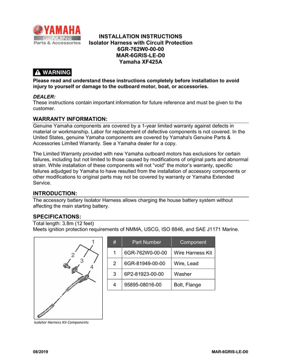 YAMAHA OEM Accessory Installation Instructions - Isolator - 5.6L XF425A - MAR-6GRIS-LE-D0