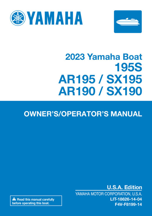 YAMAHA OEM Owner's Manual 2023 - 195S / AR195 / SX195 / AR190 / SX190 - LIT-18626-14-04 Models TX1800B-YAG, TX1800B-YAP, TX1800B-YBG, TX1800B-YBP, TX1800BLYBG, TX1800BLYAP, TX1800BLYAG, TX1800BLY BP, TX1800A-YAG, TX1800A-YAP