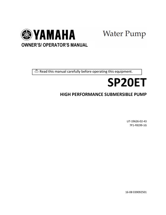 YAMAHA OEM Owner's Manual - SP20ET - LIT-19626-02-43 Models SP20ET