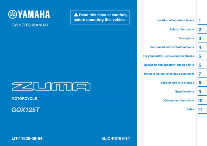 YAMAHA OEM Owner's Manual - 2026 ZUMA 125 - LIT-11626-39-64 Models GQX125TY, GQX125TB
