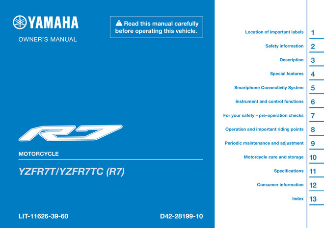 YAMAHA OEM Owner's Manual - 2026 YZF-R7 / 70TH ANNIVERSARY EDITION