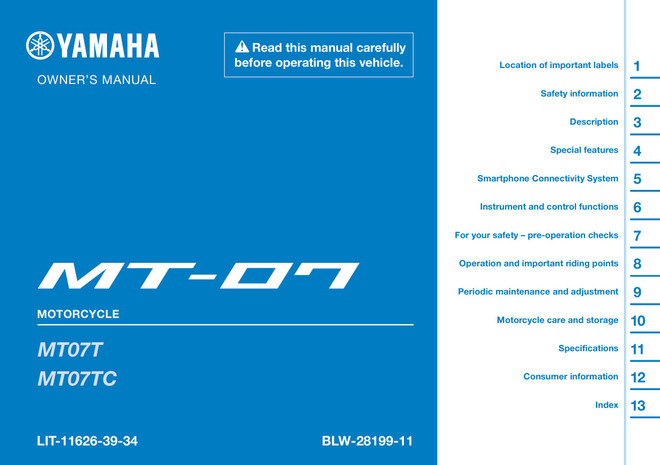 YAMAHA OEM Owner's Manual - 2026 MT-07 - LIT-11626-39-34 Models