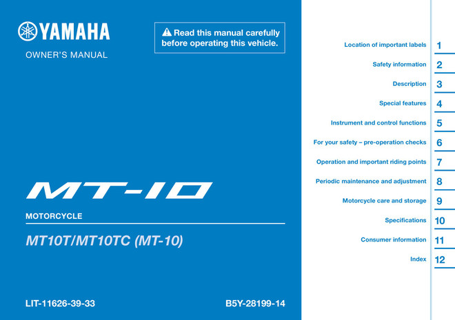 YAMAHA OEM Owner's Manual - 2026 MT-10 - LIT-11626-39-33 Models MT10TGY, MT10TCGY