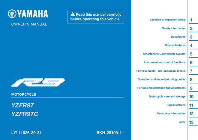 YAMAHA OEM Owner's Manual - 2026 YZF-R9 / 70th ANNIVERSARY EDITION YAMAHA OEM Owner's Manual - 2026 YZF-R9 / 70th ANNIVERSARY EDITION