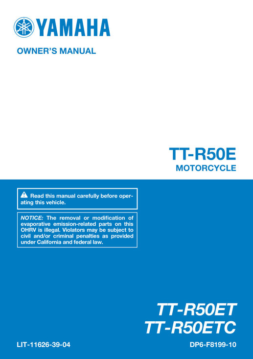 YAMAHA OEM Owner's Manual - 2026 TT-R50E - LIT-11626-39-04 Models