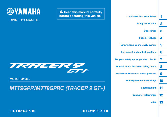 YAMAHA OEM Owner's Manual - 2024 TRACER 9 GT+ - LIT-11626-37-16 Models MTT9GPRGY, MTT9GPRCGY