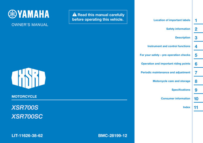 YAMAHA OEM Owner's Manual - 2025 XSR700 - LIT-11626-38-62 Models XSR700SB, XSR700SCB