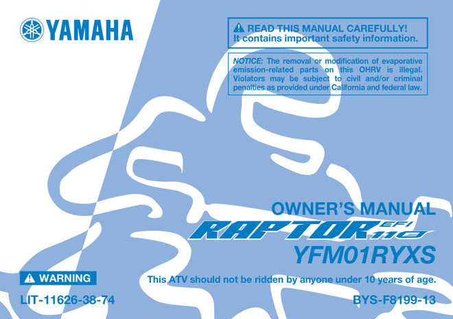 YAMAHA OEM Owner's Manual - 2025 RAPTOR 110 - LIT-11626-38-74 Models YFM01RYXSL, YFM01RYXSG