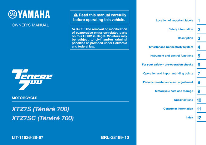 YAMAHA OEM Owner's Manual - 2025 TENERE 700 - LIT-11626-38-67 Models XTZ7SL, XTZ7SCY, XTZ7SCL, XTZ7SY