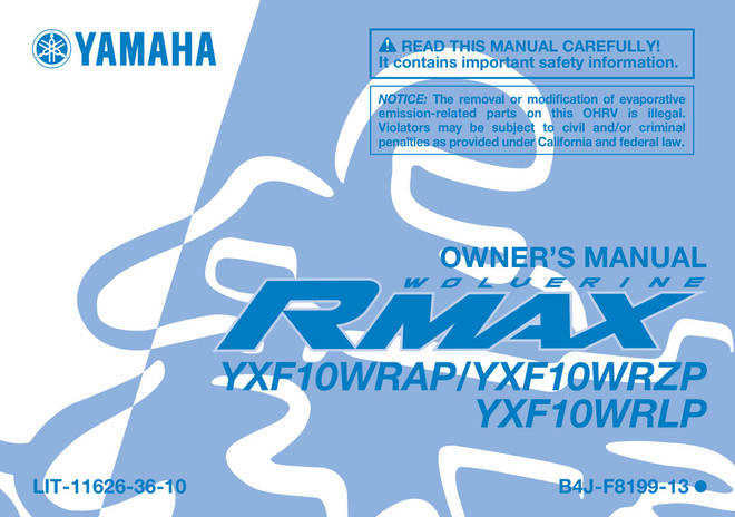 YAMAHA OEM Owner's Manual - 2023 WOLVERINE RMAX4 - LIT-11626-36-10 Models YXF10WRLPD, YXF10WRAPL, YXF10WRZPT