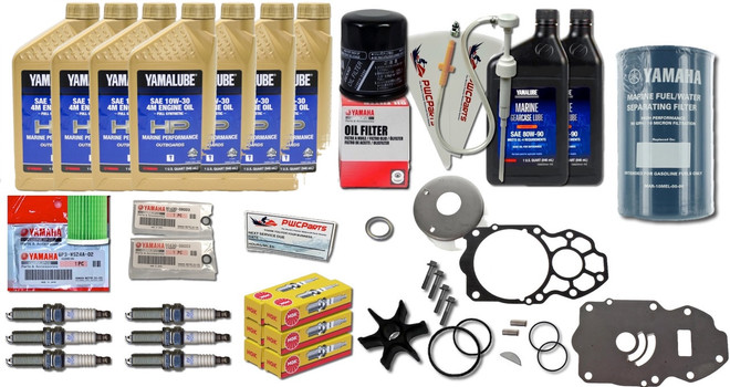 Yamaha F300 / F250 / F225 OEM 100-Hour Maintenance Kit – 2010+ 4.2L V6 (10W30 4M Full-Synthetic Oil Change, Water Pump, Fuel Filters & More)