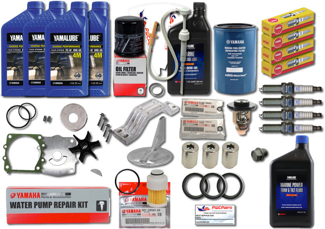 YAMAHA 2004-2005 F115 4-Stroke Outboard 100 Hour Maintenance Kit with Water Pump Rebuild Repair Kit, Thermostat, Fuel Filters, Spark Plugs, Trim Tab, Anodes, Lower Unit Gear Lube, Gaskets