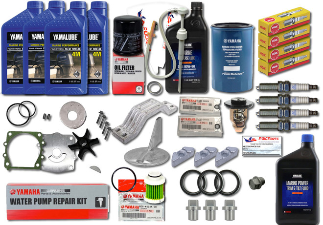 YAMAHA 2006-2013 F115 4-Stroke Outboard 100 Hour Maintenance Kit with Water Pump Rebuild Repair Kit, Thermostat, Fuel Filters, Spark Plugs, Trim Tab, Anodes, Lower Unit Gear Lube, Gaskets